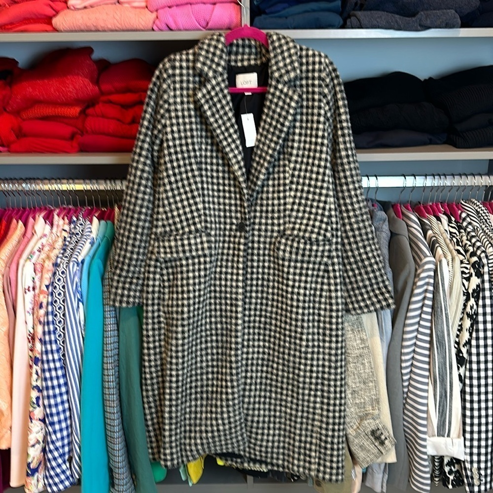 Loft black/white gingham long coat size XS